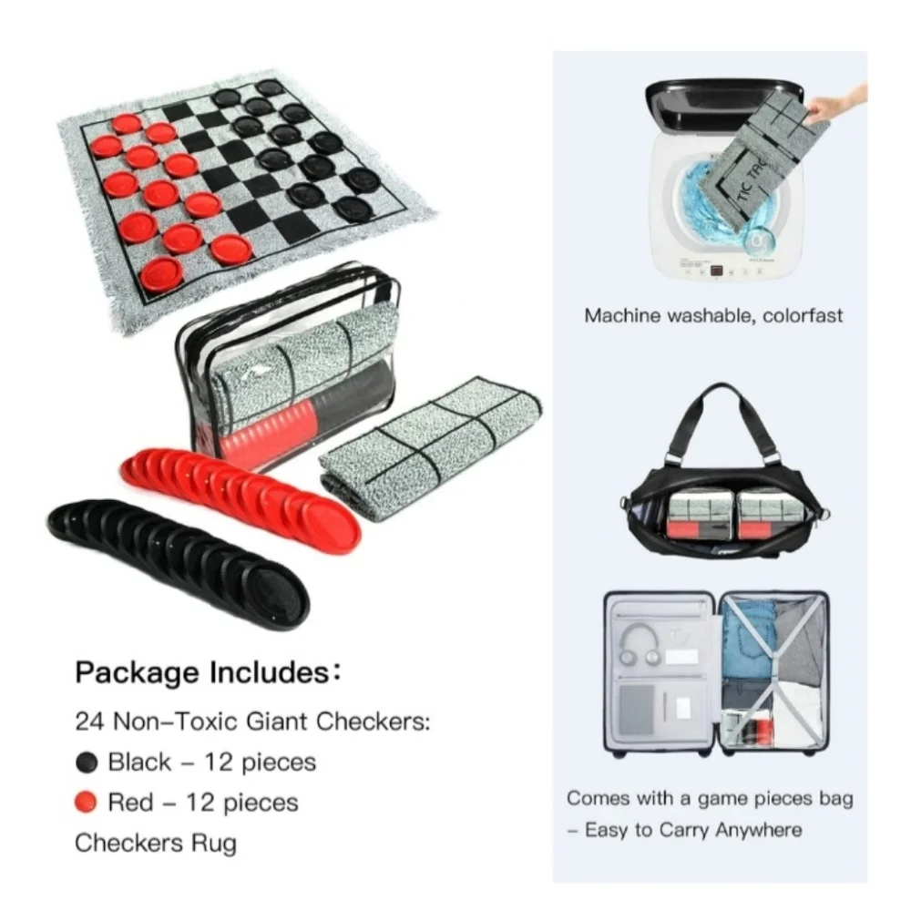 GIANT Checker Board Game Rug with Carrying Bag